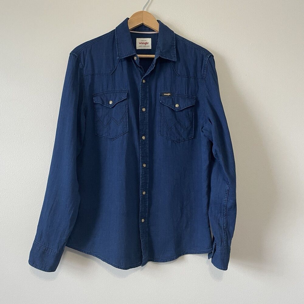 Wrangler Men's Western Pearl Snap Button Up Top M Blue Denim Cowboy Ranch